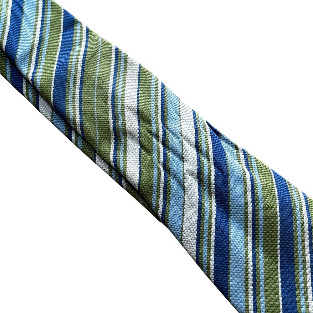 Vintage Burberry London long silk necktie green blue stripe hand made in England - Picture 3 of 13